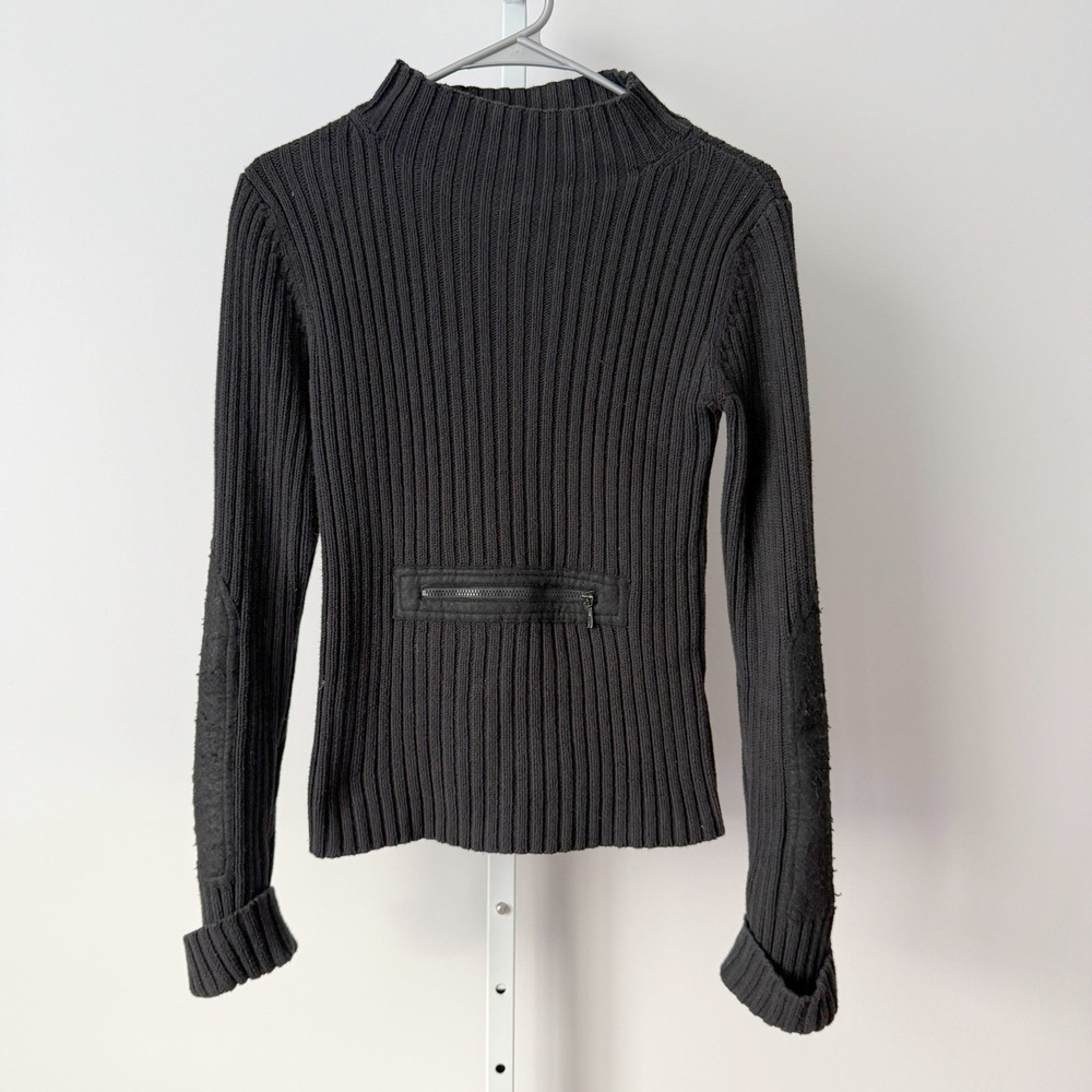 VTG BCBG XS Black Sweater Ribbed Mock Neck Zip Elbow Patch Pullover Preppy